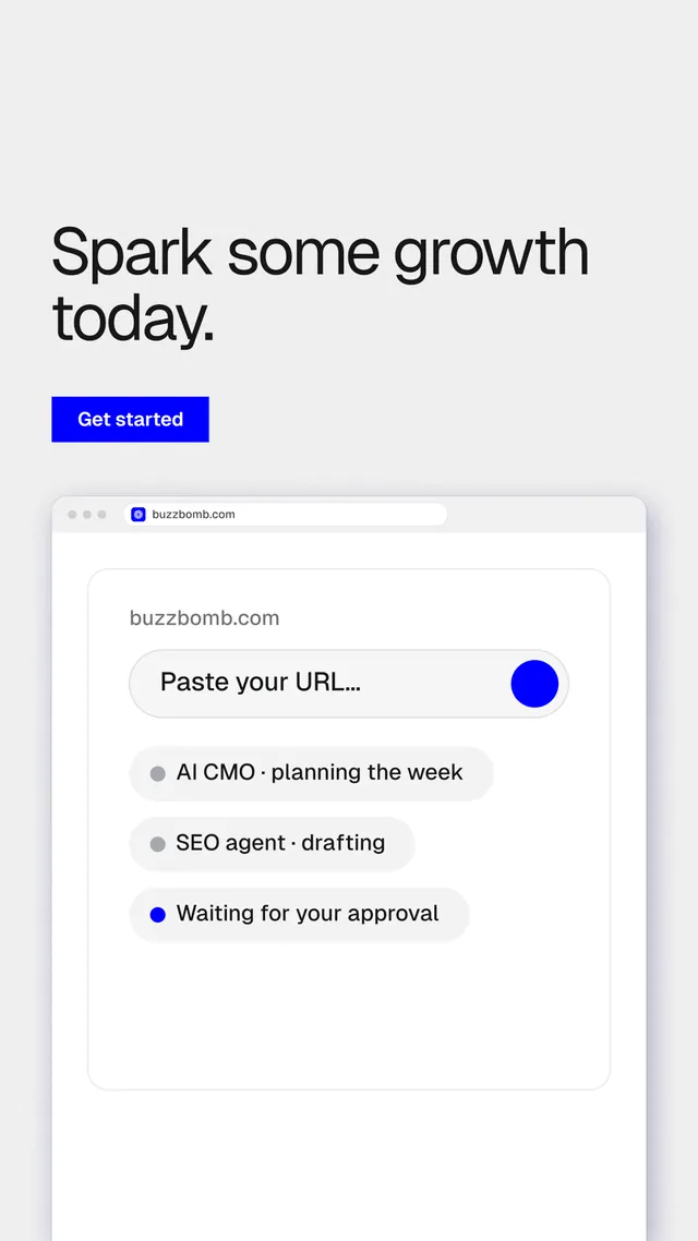 Instagram story for BuzzBomb: "Spark some growth today." Swiss style, browser layout, light palette in white.