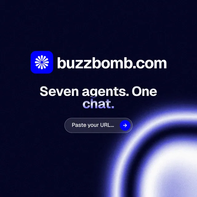 Instagram post for BuzzBomb: "Seven agents. One chat." Agentic glass style, logo hero layout, dark palette in black, blue.