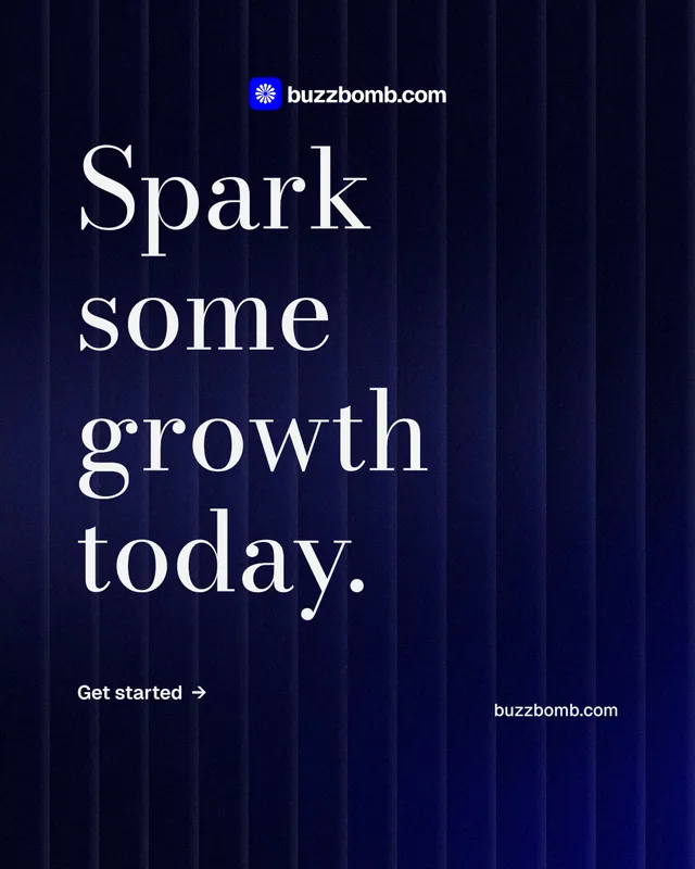 Instagram portrait post for BuzzBomb: "Spark some growth today." Minimal luxury style, poster layout, dark palette in black, blue, grey.