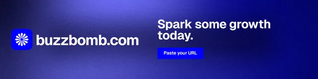 LinkedIn banner for BuzzBomb: "Spark some growth today." Swiss style, logo hero layout, dark palette in blue.