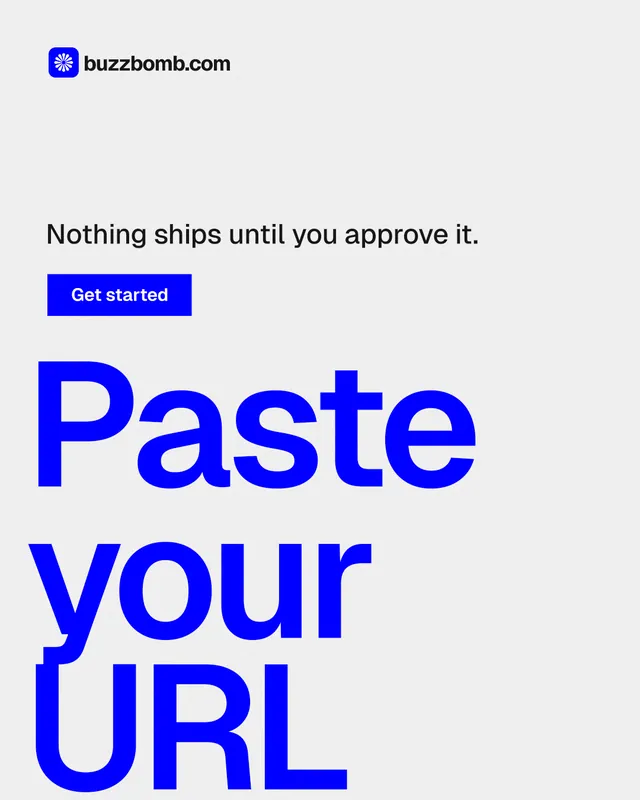 Instagram portrait post for BuzzBomb: "Paste your URL." Swiss style, oversized layout, light palette in white, blue.