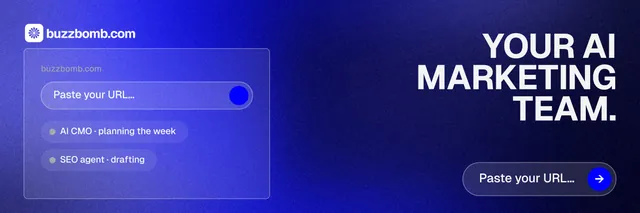 X header for BuzzBomb: "Your AI marketing team." Agentic glass style, right layout, dark palette in blue.