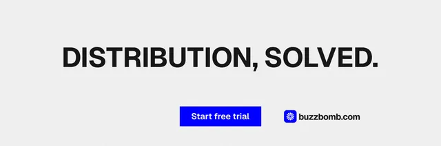 X header for BuzzBomb: "Distribution, solved." Swiss style, centred layout, light palette in white, blue.