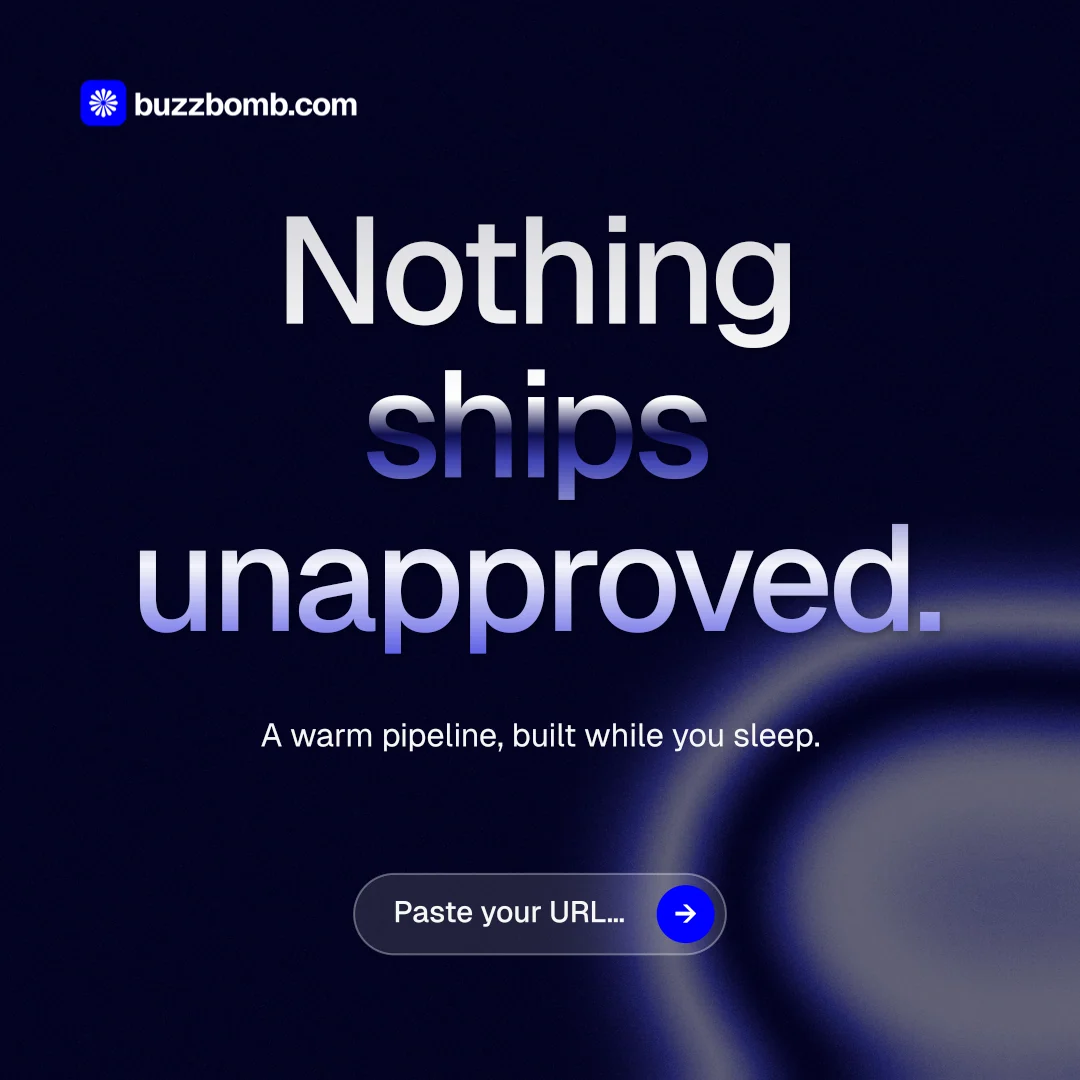 Instagram post for BuzzBomb: "Nothing ships unapproved." Agentic glass style, centred layout, dark palette in black, blue.