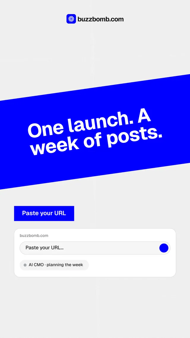 Instagram story for BuzzBomb: "One launch. A week of posts." Swiss style, diagonal layout, light palette in white, blue.