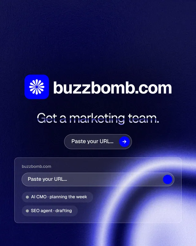 Instagram portrait post for BuzzBomb: "Get a marketing team." Agentic glass style, logo hero layout, dark palette in blue, black.
