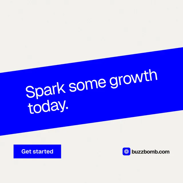 Instagram post for BuzzBomb: "Spark some growth today." Swiss style, diagonal layout, light palette in white, blue.