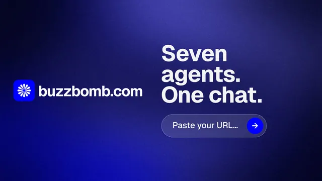 Landscape graphic for BuzzBomb: "Seven agents. One chat." Agentic glass style, logo hero layout, dark palette in blue.