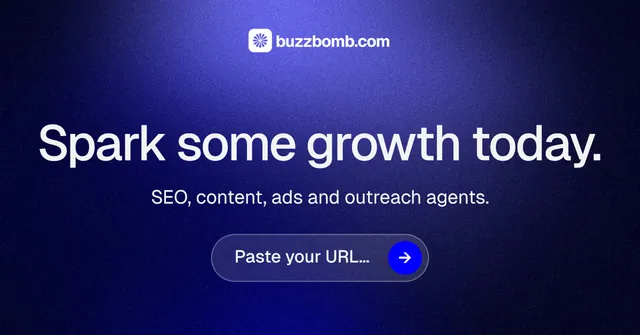 Social ad for BuzzBomb: "Spark some growth today." Agentic glass style, skeleton layout, dark palette in black, blue.