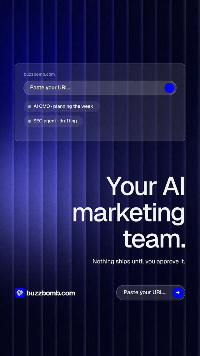 Instagram story for BuzzBomb: "Your AI marketing team." Agentic glass style, right layout, dark palette in black, blue.