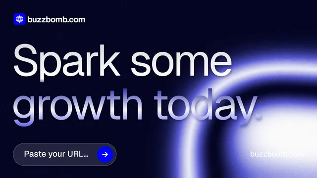 Landscape graphic for BuzzBomb: "Spark some growth today." Agentic glass style, poster layout, dark palette in black, blue.