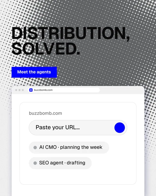 Instagram portrait post for BuzzBomb: "Distribution, solved." Swiss style, browser layout, light palette in white, grey.