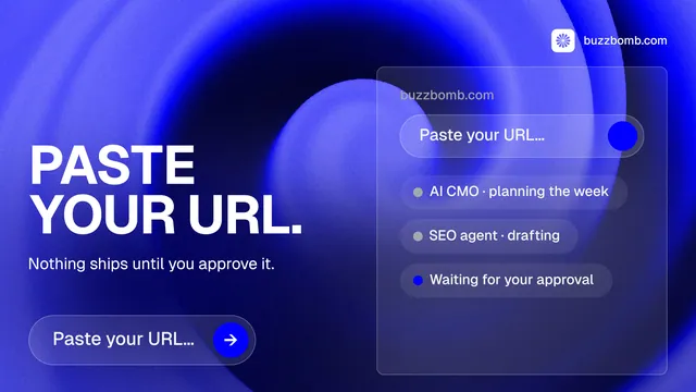 Landscape graphic for BuzzBomb: "Paste your URL." Agentic glass style, bottom layout, dark palette in blue.