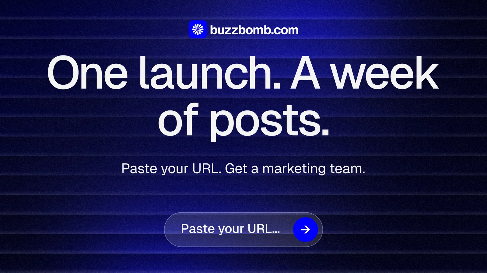 Landscape graphic for BuzzBomb: "One launch. A week of posts." Agentic glass style, centred layout, dark palette in black, blue, grey.