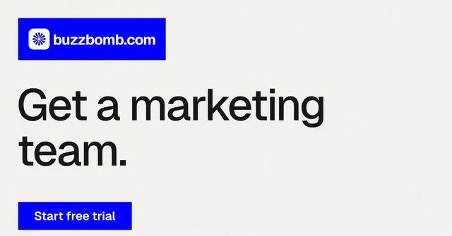 Social ad for BuzzBomb: "Get a marketing team." Swiss style, announce layout, light palette in white, blue.