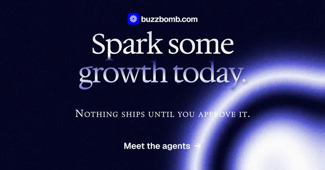 Social ad for BuzzBomb: "Spark some growth today." Agentic glass style, smallcaps layout, dark palette in black, blue.