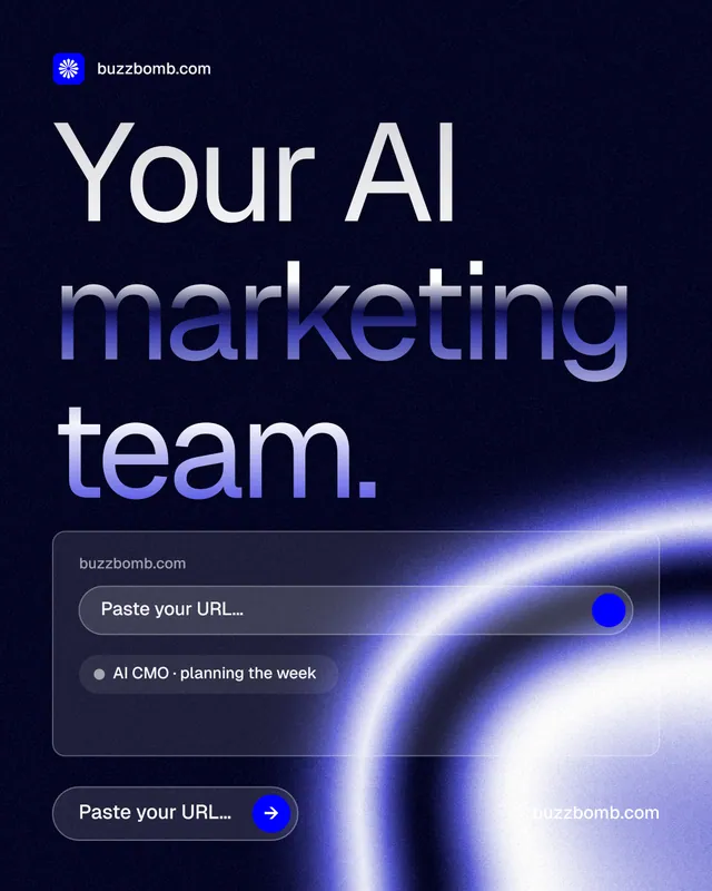 Instagram portrait post for BuzzBomb: "Your AI marketing team." Agentic glass style, poster layout, dark palette in black, blue.