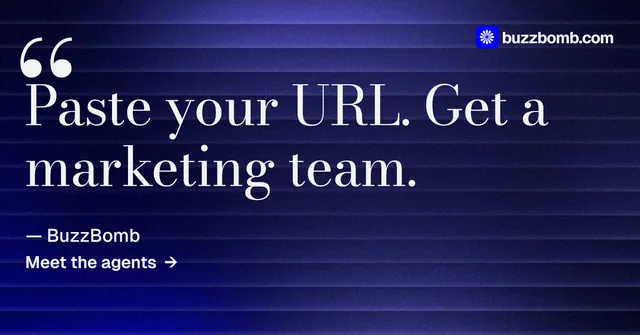 Social ad for BuzzBomb: "Nothing ships unapproved." Minimal luxury style, quote layout, dark palette in blue, grey.