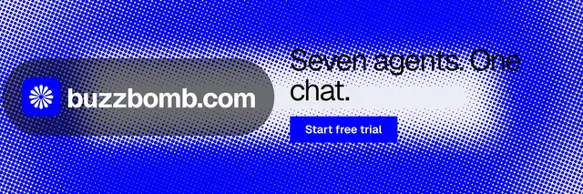 X header for BuzzBomb: "Seven agents. One chat." Split block style, logo hero layout, dark palette in blue.