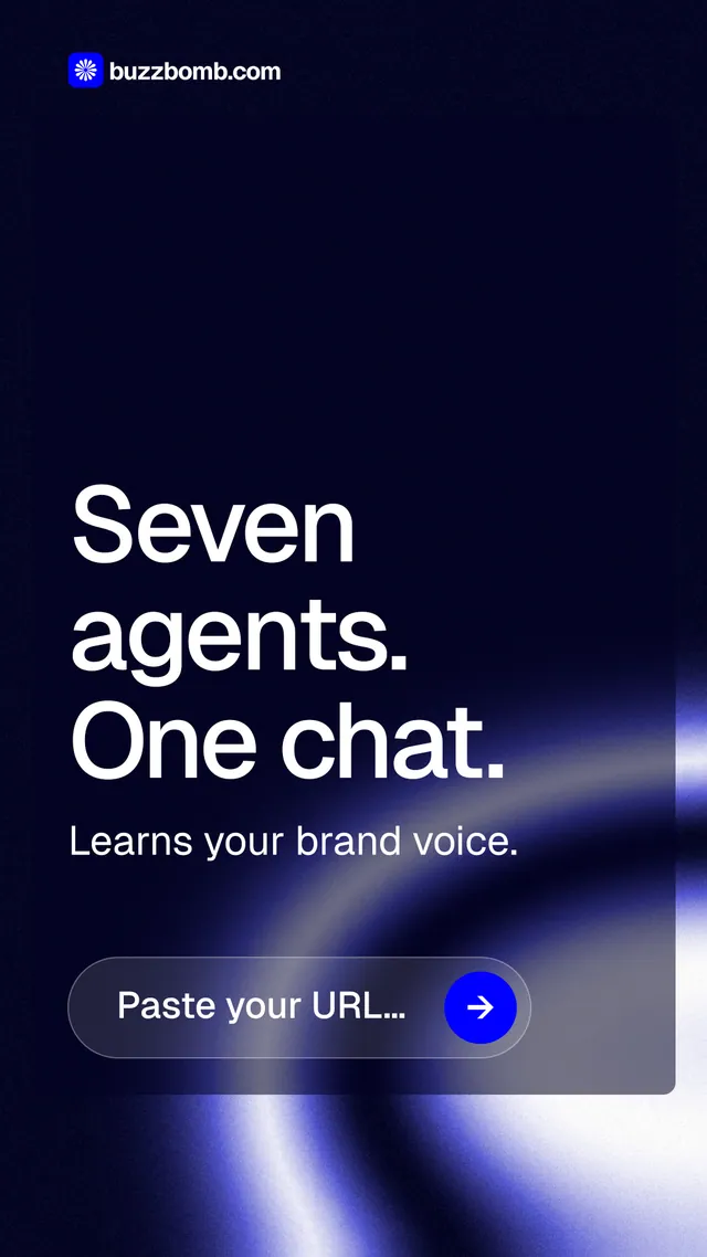 Instagram story for BuzzBomb: "Seven agents. One chat." Agentic glass style, skeleton layout, dark palette in black, grey.