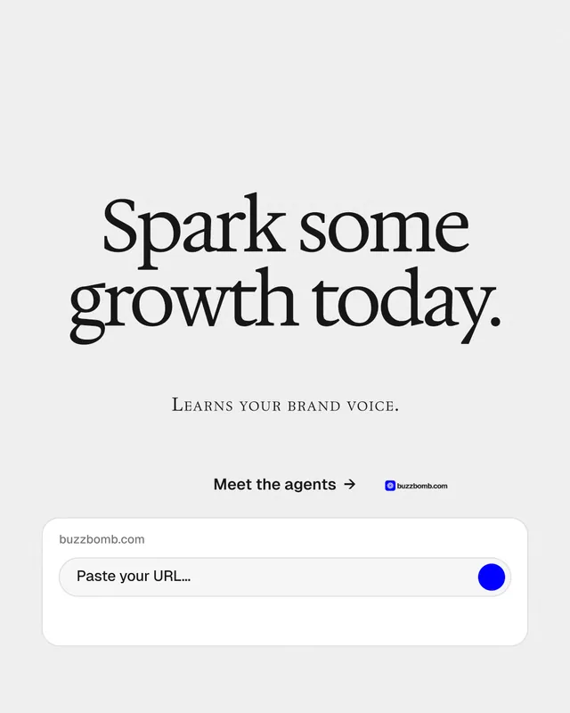 Instagram portrait post for BuzzBomb: "Spark some growth today." Swiss style, smallcaps layout, light palette in white, grey.