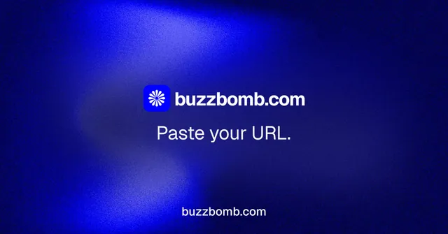 Social ad for BuzzBomb: "Paste your URL." Swiss style, end card layout, dark palette in blue.