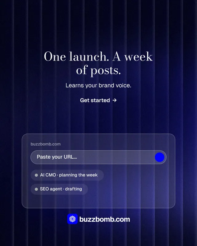 Instagram portrait post for BuzzBomb: "One launch. A week of posts." Minimal luxury style, centred layout, dark palette in black, blue.