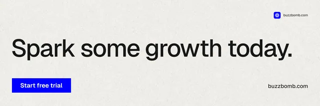 X header for BuzzBomb: "Spark some growth today." Swiss style, poster layout, light palette in white, grey.