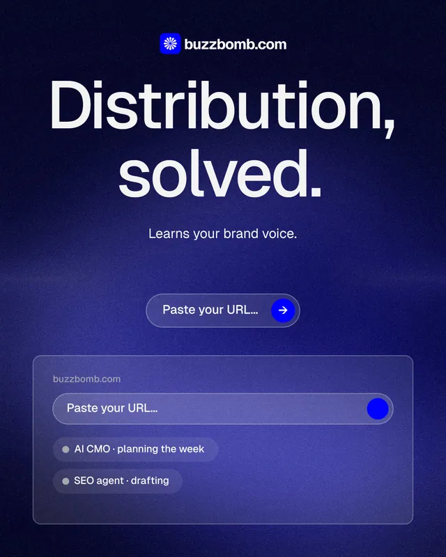 Instagram portrait post for BuzzBomb: "Distribution, solved." Agentic glass style, centred layout, dark palette in black, blue.