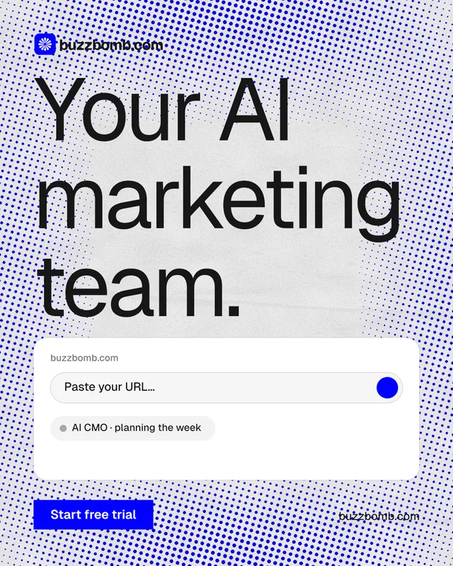 Instagram portrait post for BuzzBomb: "Your AI marketing team." Swiss style, poster layout, light palette in blue, white.