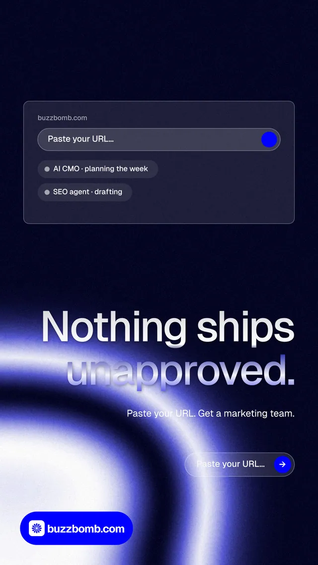 Instagram story for BuzzBomb: "Nothing ships unapproved." Agentic glass style, right layout, dark palette in black, blue.