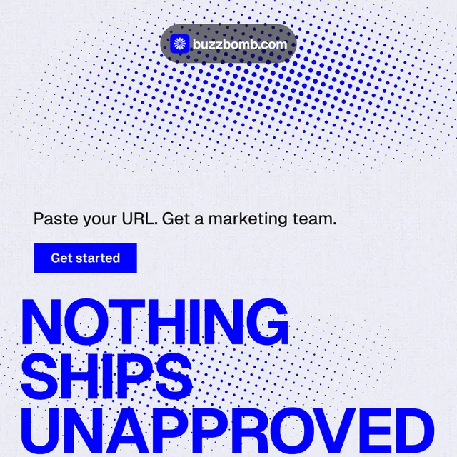 Instagram post for BuzzBomb: "Nothing ships unapproved." Swiss style, oversized layout, light palette in white, blue.