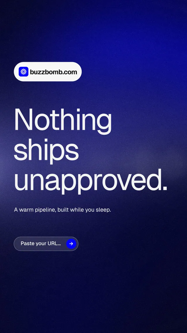 Instagram story for BuzzBomb: "Nothing ships unapproved." Agentic glass style, announce layout, dark palette in blue, black.