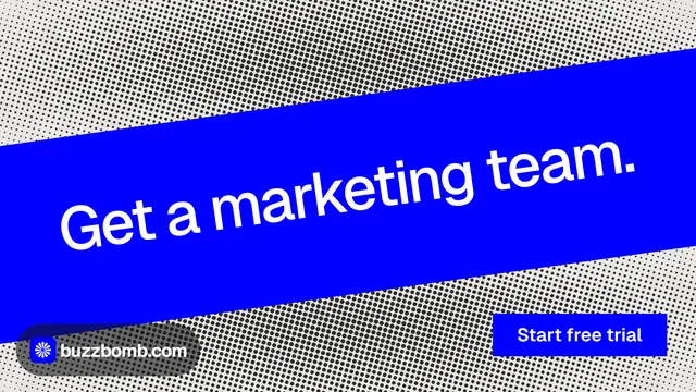 Landscape graphic for BuzzBomb: "Get a marketing team." Swiss style, diagonal layout, dark palette in blue, grey.