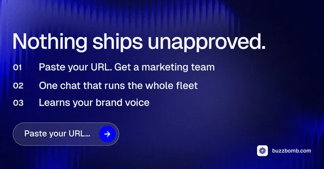 Social ad for BuzzBomb: "Nothing ships unapproved." Agentic glass style, numbered layout, dark palette in blue.