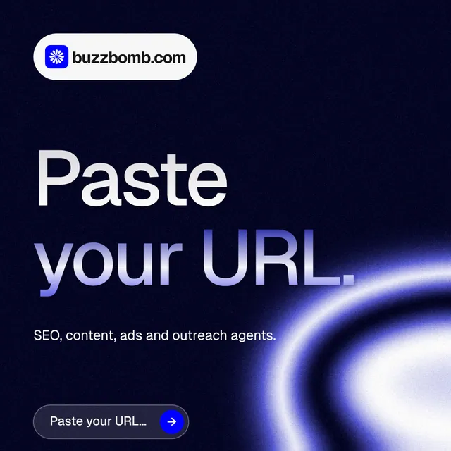 Instagram post for BuzzBomb: "Paste your URL." Agentic glass style, announce layout, dark palette in black, blue.