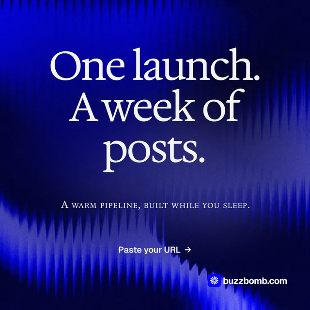 Instagram post for BuzzBomb: "One launch. A week of posts." Swiss style, smallcaps layout, dark palette in blue.