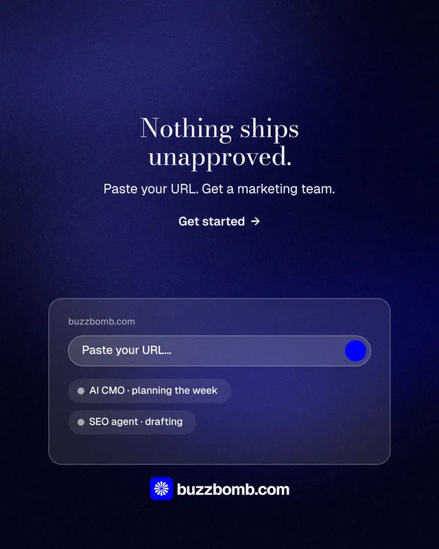 Instagram portrait post for BuzzBomb: "Nothing ships unapproved." Minimal luxury style, centred layout, dark palette in black, blue.