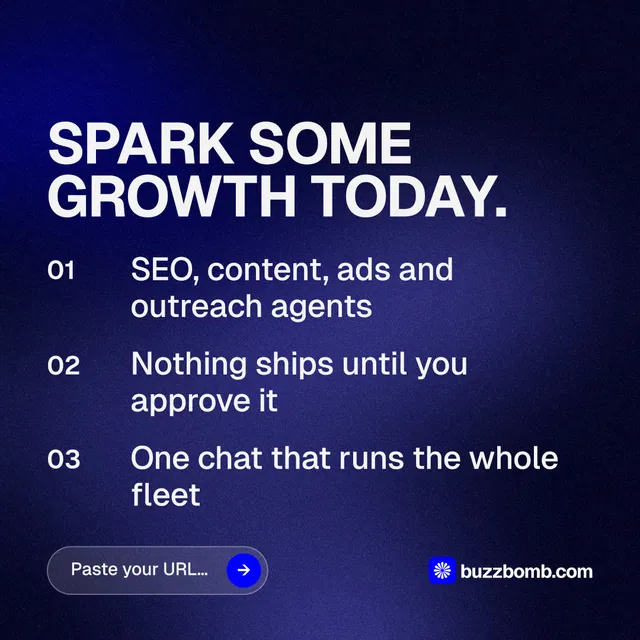 Instagram post for BuzzBomb: "Spark some growth today." Agentic glass style, numbered layout, dark palette in black, blue, grey.
