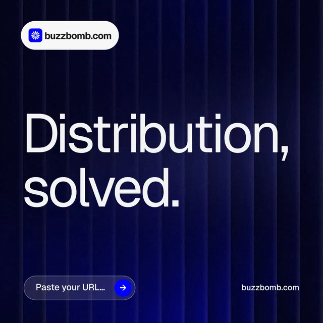 Instagram post for BuzzBomb: "Distribution, solved." Agentic glass style, poster layout, dark palette in black, blue, grey.