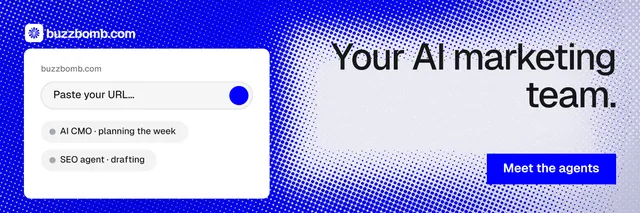 X header for BuzzBomb: "Your AI marketing team." Split block style, right layout, light palette in blue, white.