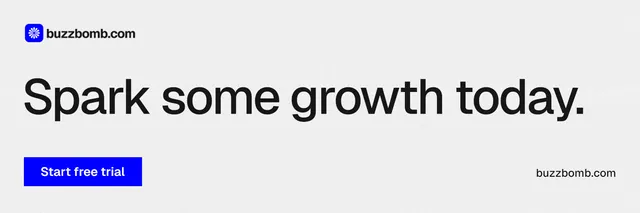 X header for BuzzBomb: "Spark some growth today." Swiss style, poster layout, light palette in white, blue.