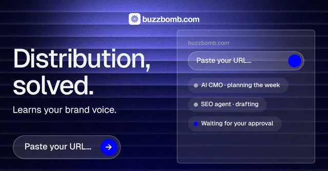 Social ad for BuzzBomb: "Distribution, solved." Agentic glass style, bottom layout, dark palette in black, blue.