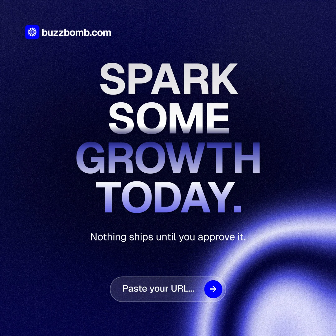 Instagram post for BuzzBomb: "Spark some growth today." Agentic glass style, centred layout, dark palette in blue, black.