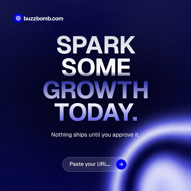Instagram post for BuzzBomb: "Spark some growth today." Agentic glass style, centred layout, dark palette in blue, black.