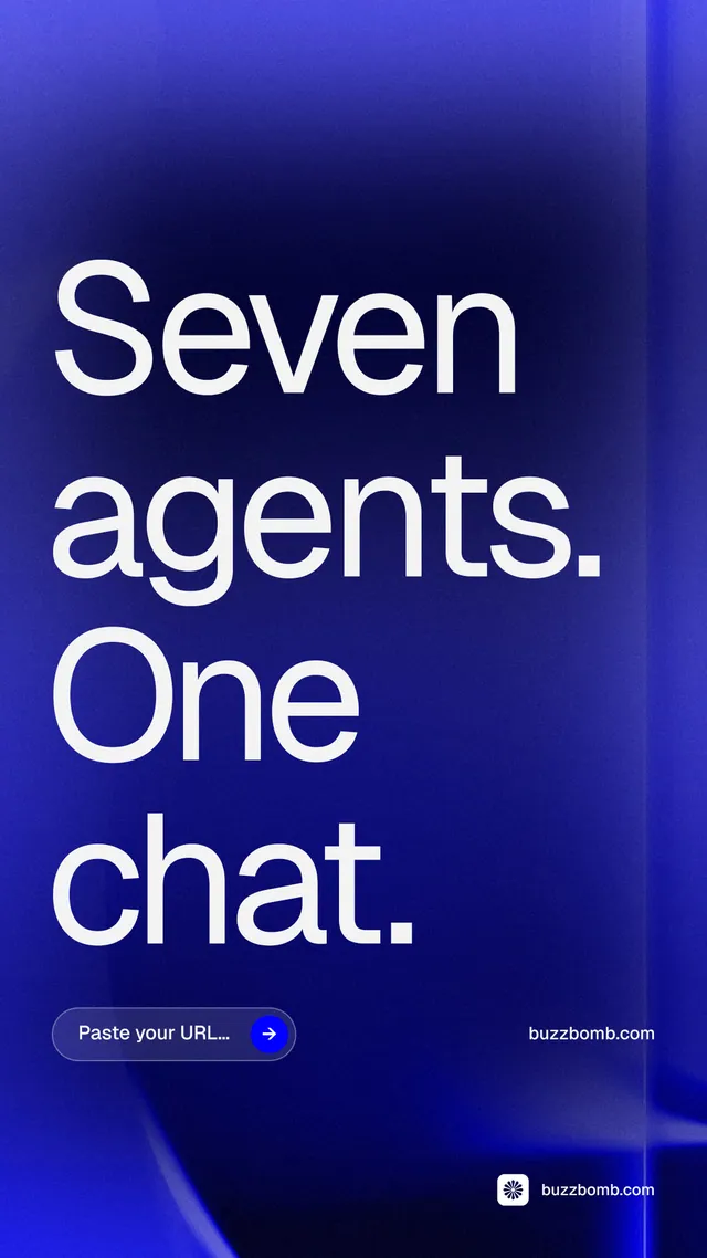 Instagram story for BuzzBomb: "Seven agents. One chat." Agentic glass style, poster layout, dark palette in blue.