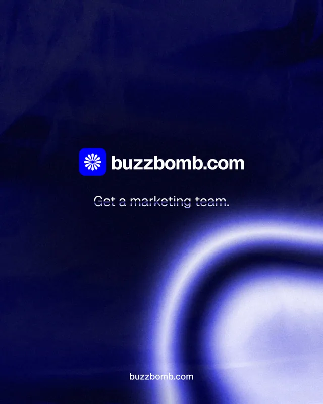 Instagram portrait post for BuzzBomb: "Get a marketing team." Agentic glass style, end card layout, dark palette in blue, black.