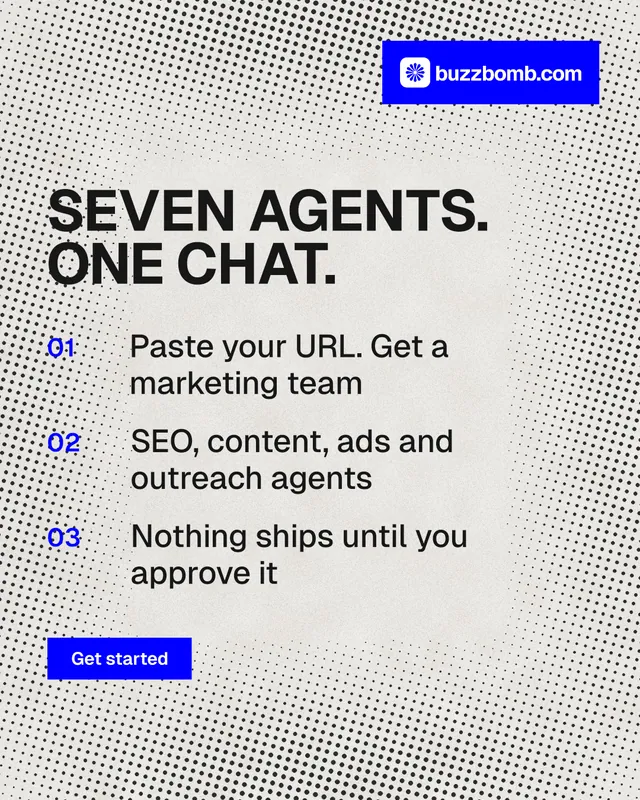 Instagram portrait post for BuzzBomb: "Seven agents. One chat." Swiss style, numbered layout, light palette in grey, white.
