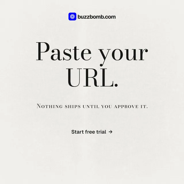 Instagram post for BuzzBomb: "Paste your URL." Minimal luxury style, smallcaps layout, light palette in white, grey.