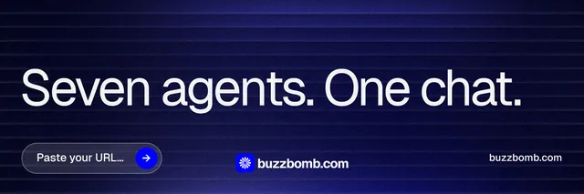 X header for BuzzBomb: "Seven agents. One chat." Agentic glass style, poster layout, dark palette in black, blue, grey.